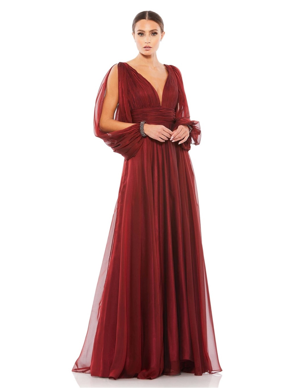 Mac Duggal Burgundy Red Chiffon Maxi Gown